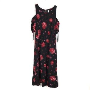 Floral Rose Black Midi Romper Jumpsuit Cold Shoulder